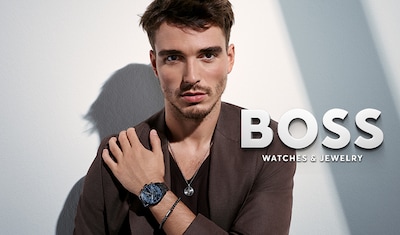 Shop BOSS Watches & Jewellery on Goldsmiths. Banner showing model and watch. image