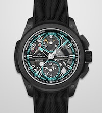 Mens Norqain watch with black strap and dial with blue accents. Tap to shop mens Norqain watches image