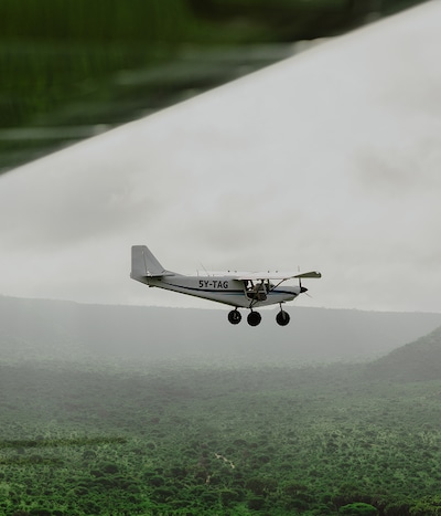Image of a plane over lush green land image