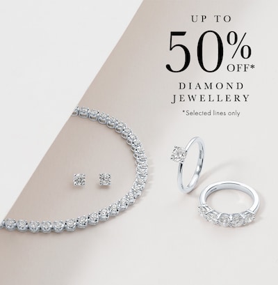 Image of diamond bracelet, rings and earrings. Up to 50% off selected diamond jewellery. tap to shop image