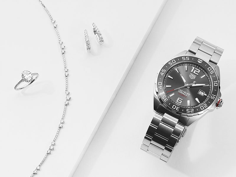 TAG Heuer watch with grey dial with diamond necklace, earrings and ring