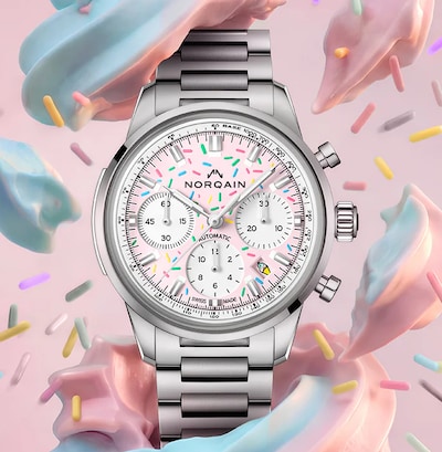 Norqain Freedom Chrono Enjoy Life watch in Ice cream exploding with sprinkles. Tap to shop collection image