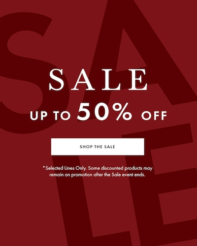 Red sale banner with reads Up to 50% off sale - selected lines only. Some lines may stay on sale after sale period is over. Tap to shop image