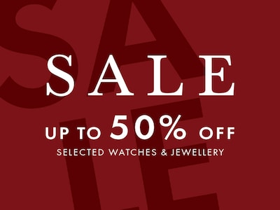 Image of red sale banner showing sale - up to 50% off watches and jewellery - tap to shop image