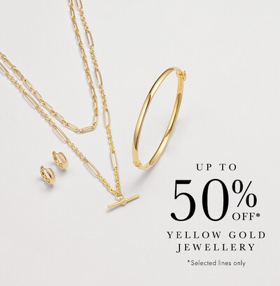 Image of yellow gold necklace, earrings and bangle from Goldsmiths. Up to 50% off yellow gold jewellery. Selected lines only. Tap to shop image